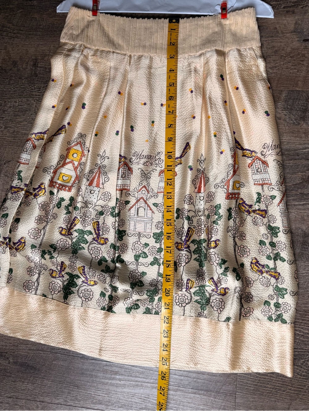 Rare Vintage MANOUSH 100% Silk Bird House Midi Skirt Cottagecore Whimsical Sz6 - Picture 7 of 12